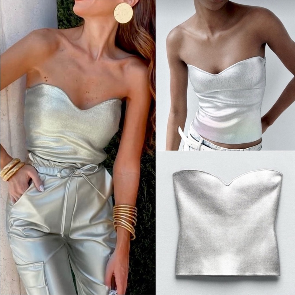 NWT Zara Metallic Silver Sweetheart Neckline Strapless Top